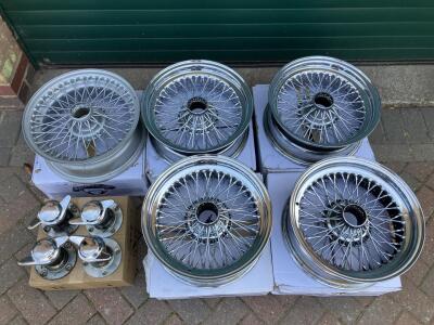 MWS wire wheels for TR6. 4 chrome 6” wide and 1 x silver 5.5”