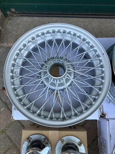 MWS wire wheels for TR6. 4 chrome 6” wide and 1 x silver 5.5”