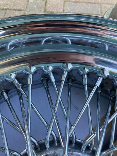 MWS wire wheels for TR6. 4 chrome 6” wide and 1 x silver 5.5”