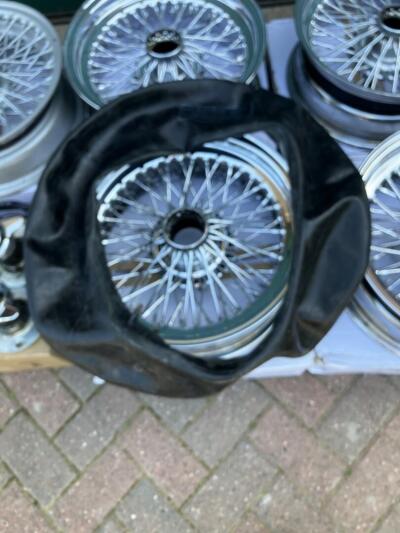 MWS wire wheels for TR6. 4 chrome 6” wide and 1 x silver 5.5”