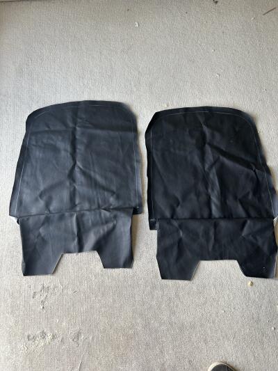 TR4A pair of black with white piping leather seat covers with foam & backboards