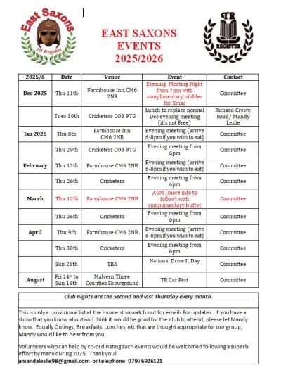 East Saxons Event List 2026